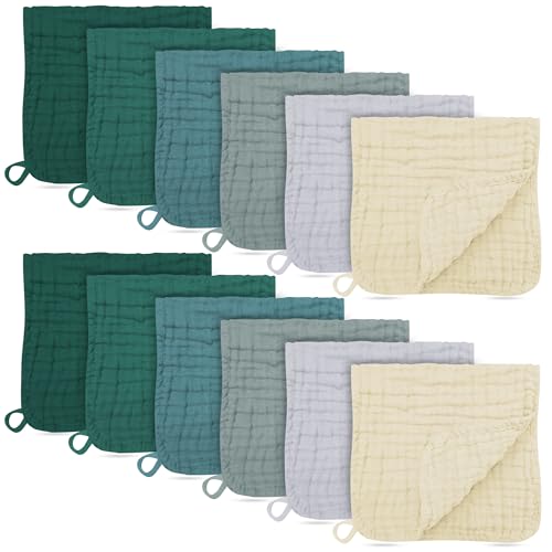 12 Pack Muslin Burp Cloths - Large 20" x 10", Ultra Absorbent 100% Cotton for Baby Drool and Messes - Soft, Gentle Baby Burp Rag for Boys & Girls -Ivory, Slate, Emerald Series - color: Ivory, Slate, Emerald Series, size: 20x10 Inch (Pack of 12)