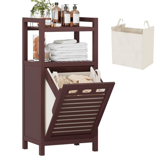 Tilt Out Laundry Hamper Cabinet, 10 Gal Bamboo Laundry Cabinet with Removable Basket, Hidden Hamper Organizer with Shelf for Dirty Clothes, Bathroom, Laundry Room, Space Saving, Espresso - color: Espresso, size: Standard