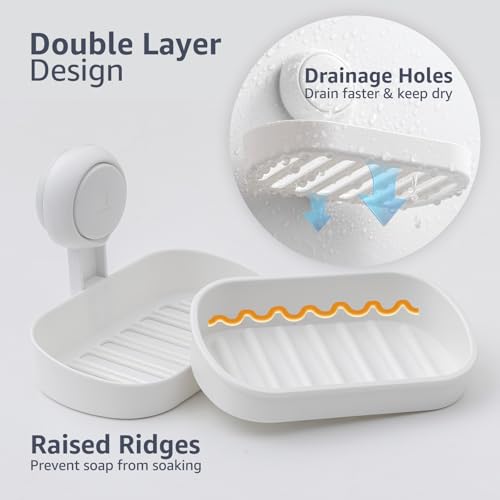 Soap Holder, Soap Dish for Shower, Suction Cup Bar Soap Holder | Soap Bar Holder for Shower, Wall Mounted Self Draining, NO Drill Sponge Holder for Bathroom, Bathtub Kitchen Sink, White - style: 1 tier