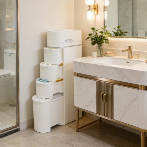 4-Tier Slim Freestanding Bathroom Storage Cabinet with 4 Drawers | 16×7×37in, White, ABS, Narrow Body Design, Toilet Paper Storage Space, For Bathroom Kitchen Bedroom - size: 4-Tier