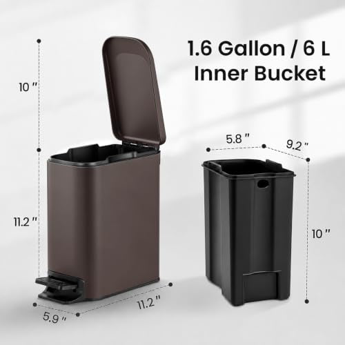 TIPGO Slim Bathroom Trash Can with Lid Soft Close, Step Pedal, 6 Liter / 1.6 Gallon Stainless Steel Trash Bin, Small Garbage Cans for Bedroom, Office, Kitchen (Brown) - color: Brown