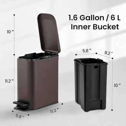 TIPGO Slim Bathroom Trash Can with Lid Soft Close, Step Pedal, 6 Liter / 1.6 Gallon Stainless Steel Trash Bin, Small Garbage Cans for Bedroom, Office, Kitchen (Brown) - color: Brown
