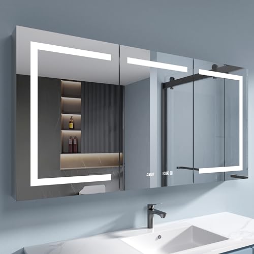 Medicine Cabinet with Lights 60x30 Anti-Fog Mirror Dimmable | 3 Color Dimmable LED. Time/Temp Display. Anti-Fog IP44. 2 Outlets+2 USB. Plug-in/Hardwired. Recessed/Wall Mount. - size: 60x30", style: Style-A