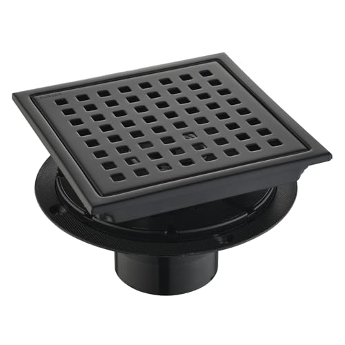 6 Inch Square Shower Drain with Flange,Matte Black，Quadrato Pattern Grate Removable,Food-Grade SUS 304 Stainless Steel，with Hair Strainer - color: 6-inch Matte Black