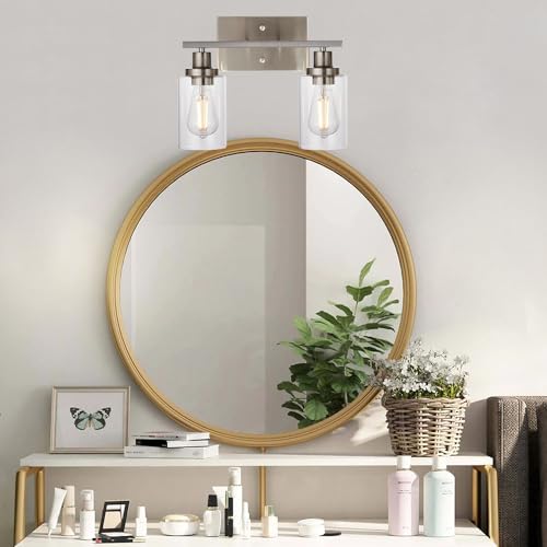 MELUCEE 2 Heads Bathroom Light Fixtures Brushed Nickel | Metal Wall Lights with Clear Glass Shade Modern Vanity Lights Sconces for Hallway Bedroom Kitchen (Patent No.: US D963914 S) - color: Brushed Nickel, size: 2-Light