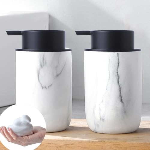 Marble Foaming Soap Dispenser Set - 2 Pack White Marble Ceramic Foam Dish Hand Soap Dispenser with Black Pump for Bathroom, Bathroom Dispenser Set for Modern Home Farmhouse Decor - color: White Marble, size: Foaming dispenser