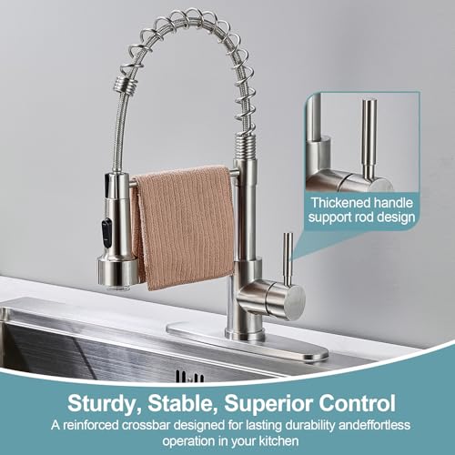 LED Kitchen Faucets with Pull Down Sprayer, Brushed Nickel Modern Single Handle Stainless Steel Pull Out Spring Sink Faucet with LED Light for RV Bar Farmhous Laundry Outdoor - color: Brushed Nickel, style: Classic-LED