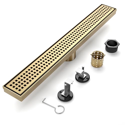 Linear Shower Drain - 28 Inch Brushed Gold, with Grate Removable | AISI 304 Stainless Steel Shower Drain with Adjustable Feet, Hair Catcher, Rectangle Shower Floor Drain Fits Bathroom, Balcony - color: Brushed Gold, size: 28 Inch