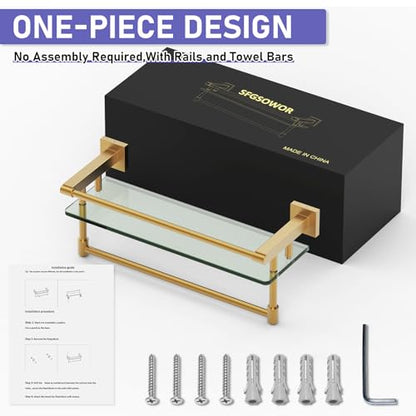 Bathroom Glass Shelf Brushed Gold Finish with Towel Rack, SUS304 Stainless Steel, 16-inch Tempered Glass Shelves for Wall - color: Brushed Gold, size: 16-inch with Railing