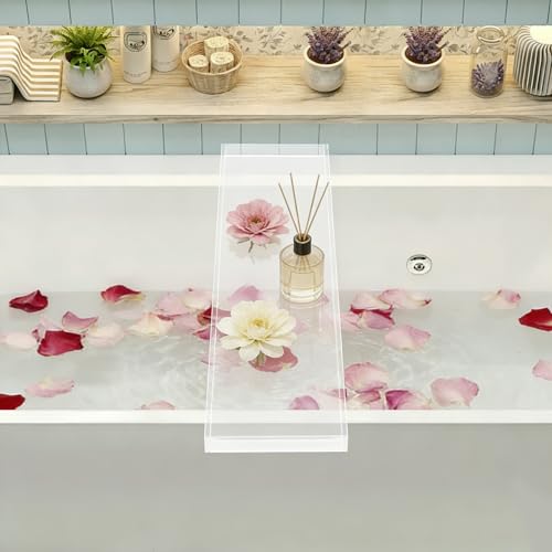 Acrylic Bath Tray Transparent Bathtub Shelf Towel Tray with Wine Holder | Durable Thick Acrylic Build | Stable For Drinks And Books | Modern Minimalist Look