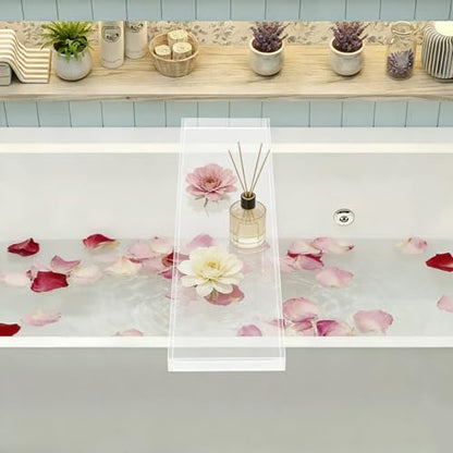 Acrylic Bath Tray Transparent Bathtub Shelf Towel Tray with Wine Holder | Durable Thick Acrylic Build | Stable For Drinks And Books | Modern Minimalist Look