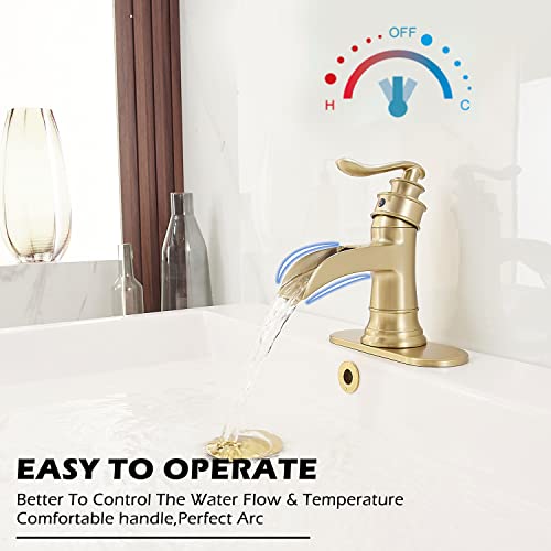 BWE Brass Gold Waterfall Sink Faucet for Modern & Traditional Bathroom | Wide Waterfall Spout, Ceramic Cartridge, Fits 1 or 3-Hole Sink, Single Handle, Hardware Kit Included, Not for Vessel Sink - color: Gold