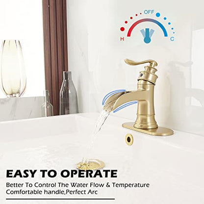 BWE Brass Gold Waterfall Sink Faucet for Modern & Traditional Bathroom | Wide Waterfall Spout, Ceramic Cartridge, Fits 1 or 3-Hole Sink, Single Handle, Hardware Kit Included, Not for Vessel Sink - color: Gold