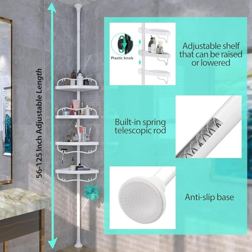 Shower Caddy Tension Pole with 4 ABS Baskets,Shower Storage Shelf with 56 to 125 Inch Adjustable Stainless Pole for Bathroom White - color: White