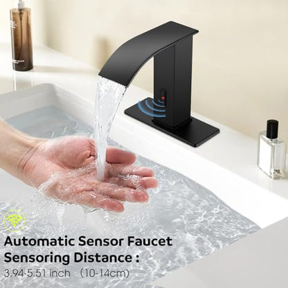 Automatic Motion Sensor Faucet with Waterfall Spout,Stainless Steel Sink Faucet with Hole Cover Plate (Regular, Black) - color: Black, size: Regular Waterfall