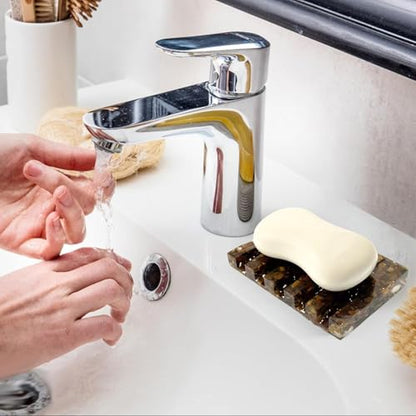 Draining Resin Soap Dish Tray for Shower & Sink, Tiger’s Eye Look Embedded Speckle Design, Quick‑Drain Ridges Keep Bar Soap Dry, Non‑Slip Feet, Gift‑Ready Box, vinsiora Single Soap Holder