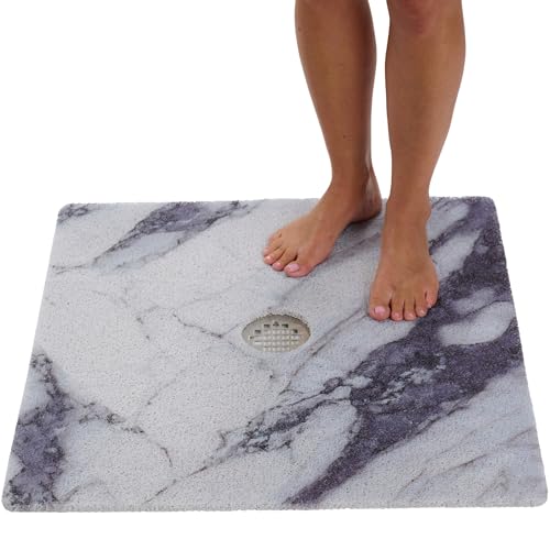 Shower Mat with Center Drain Hole - Secure Loofah Non Slip Shower Mats for Inside Shower - 27x27 Square Bath Mats for Shower - Anti Slip Shower Stall Mat - Square Shower Floor Mat (27x27 Blue Gray) - color: Marble Blue Gray, size: 27" x 27" (Square)