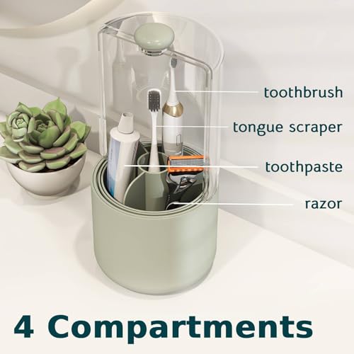 YOOLENS Toothbrush Holder with Cover 360 Rotating 4 Compartments Bathroom Toothpaste Electric Toothbrush Organizer, Light Green - color: Light Green