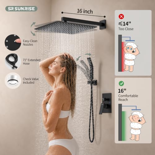 SR SUN RISE Matte Black Square Rainfall Shower Head and Handle Set, Wall Mounted Shower Fixtures, Metal Shower Faucet Trim Repair Kits (With Shower Valve) 16 Inches - color: Matte Black, size: 16 Inch