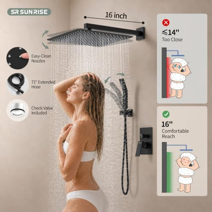 SR SUN RISE Matte Black Square Rainfall Shower Head and Handle Set, Wall Mounted Shower Fixtures, Metal Shower Faucet Trim Repair Kits (With Shower Valve) 16 Inches - color: Matte Black, size: 16 Inch