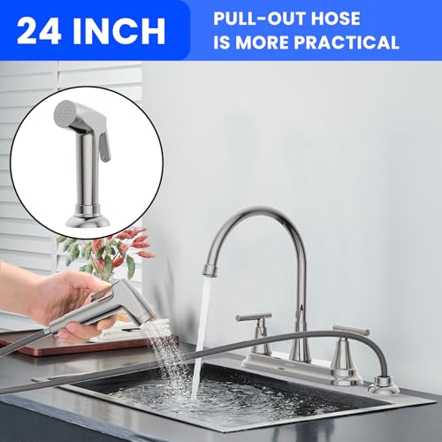 HURRAN 2-Handle Kitchen Faucet with Pull-Out Side Sprayer, 8 Inch High Arch Stainless Steel 360°Rotating Kitchen Sink Faucet, 4 Hole Faucet for Kitchen Bar Rv Camper, Chrome - color: Chrome, style: With Side Sprayer