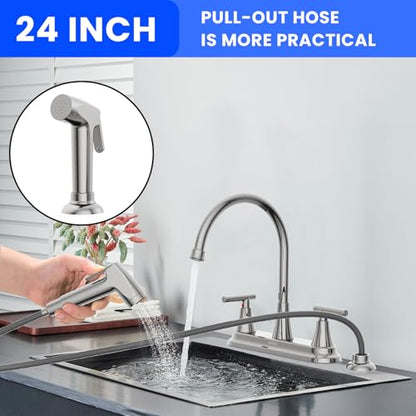 HURRAN 2-Handle Kitchen Faucet with Pull-Out Side Sprayer, 8 Inch High Arch Stainless Steel 360°Rotating Kitchen Sink Faucet, 4 Hole Faucet for Kitchen Bar Rv Camper, Chrome - color: Chrome, style: With Side Sprayer