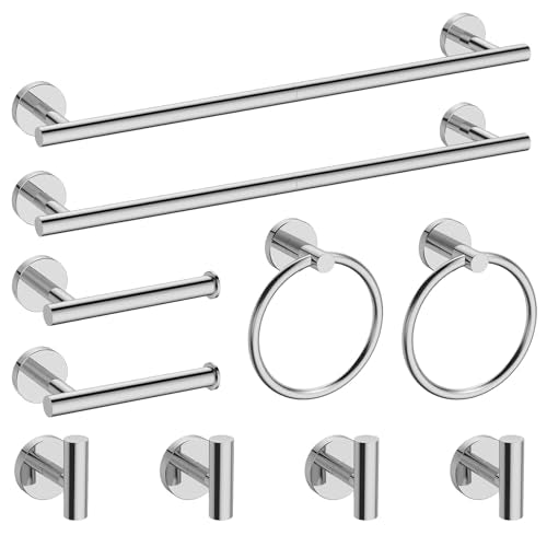 Newfun 10-Pieces Polished Chrome Bathroom Hardware Set 24 Inch | Includes 24 Inch Towel Racks for Bathroom Wall Mounted, Toilet Paper Holder, Towel Hooks, Towel Rings for Bathroom Wall - color: Polished Chrome-ring