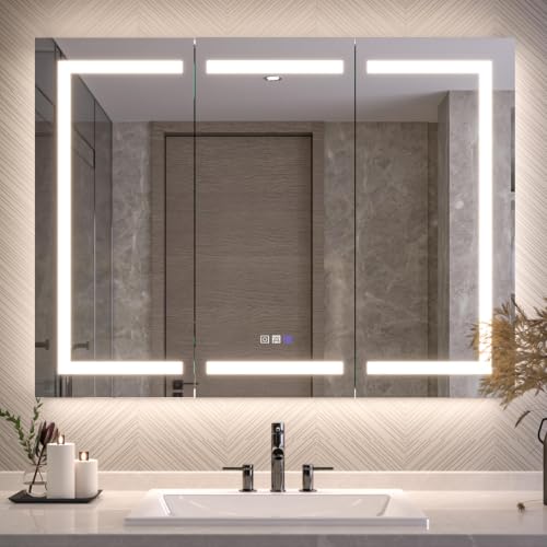 Luxury LED Lighted Medicine Cabinet with Mirror Dimmable, Defogging, 48 inch Commercial Medicine Cabinet, Outlets for Apartments, Hotel, Wide Open - size: 48"W x 36"H