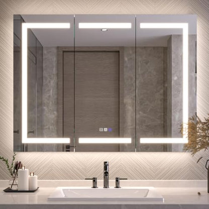 Luxury LED Lighted Medicine Cabinet with Mirror Dimmable, Defogging, 48 inch Commercial Medicine Cabinet, Outlets for Apartments, Hotel, Wide Open - size: 48"W x 36"H