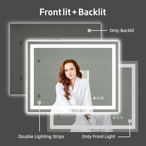 36"x 30" LED Bathroom Mirror with Lights, Smart Dimmable Vanity Mirrors for Wall, Anti-Fog, Dimmable, Backlit + Front Lit, Memory Shatterproof Smart Mirror for Bathroom (Horizontal/Vertical) | Front & Backlit, Memory Function, HD Tempered Glass Vanity Mir