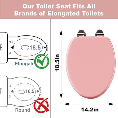 Elongated Slow Close Wood Toilet Seat, Pink Wooden Toilet Seat with Baked Enamel Finish Support 400 lbs, Oval Toilet Lid with Soft Close Chrome Hinges and Grip-Tight Bumpers, Easy to Clean and Install - color: Pink, size: Elongated Slow Close