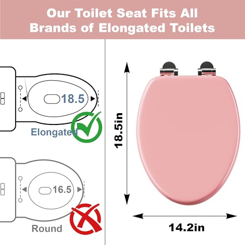 Elongated Slow Close Wood Toilet Seat, Pink Wooden Toilet Seat with Baked Enamel Finish Support 400 lbs, Oval Toilet Lid with Soft Close Chrome Hinges and Grip-Tight Bumpers, Easy to Clean and Install - color: Pink, size: Elongated Slow Close