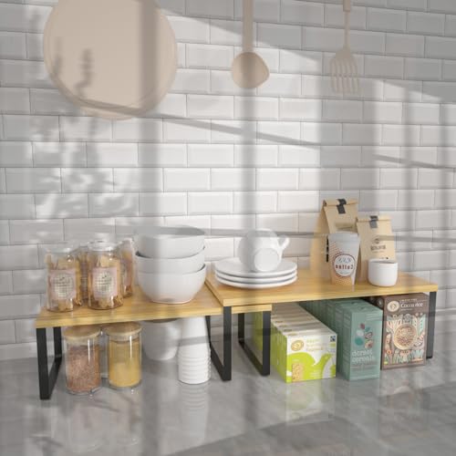 NEX Kitchen Cabinet and Counter Shelf Organizer, Stackable & Expandable, Set of 4, Black and Natural - 7.7 x 15.6 x 6.2'' - color: Black + Natural Beige, size: 15.6''W