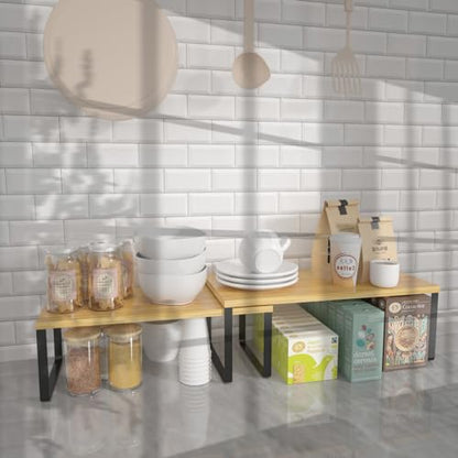 NEX Kitchen Cabinet and Counter Shelf Organizer, Stackable & Expandable, Set of 4, Black and Natural - 7.7 x 15.6 x 6.2'' - color: Black + Natural Beige, size: 15.6''W
