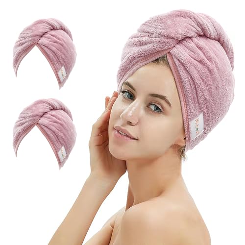 M-bestl 2 Pack Microfiber Hair Towel Wrap to Dry Hair Quickly | Lightweight,Absorbent &Anti-frizz Hair Drying Towel with Button Design for Curly or Straight(Bean Pink) - color: Bean Pink