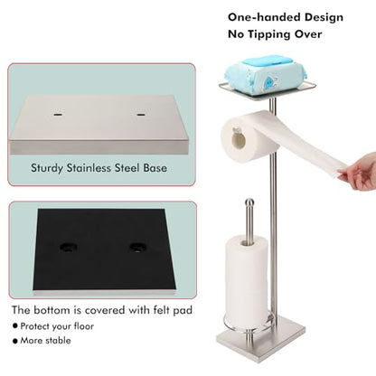 Toilet Paper Holder with Tray At the Top, Heavy-Weighted Stainless Steel Base No Wobbly, Freestanding Toilet Paper Rolls Stand, Hold Extra 3 Paper Rolls On the Base (Brushed Nickel) - color: Brushed Nickel