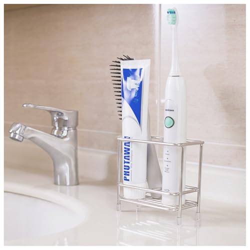 Stainless Steel Electric Toothbrush and Toothpaste Holder for Bathrooms | Toothbrush Holders for Countertop, Bathroom Accessories for Razor, Comb's Storage - Two Slots, Silver - size: Small