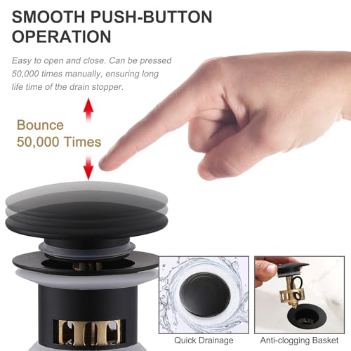 Matte Black Bathroom Faucet,Modern Single Hole High Arc Brass Bathroom Sink Faucet with 1 Hole or 3 Hole Mount 6-Inch 10-Inch Deckplate,Pop Up Overflow Drain Assembly Included - color: Matte Black, style: With Drain
