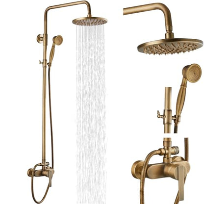 Airuida Antique Brass Exposed Shower System with Handheld Spray | Single Handle,Wall Mount,8 Inch Rainfall Shower Head,Dual Function,Exposed Pipe Fixture for Bathroom - color: Antique Brass