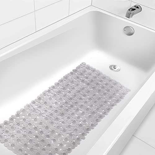 WELTRXE Non Slip Bathtub Mat 35 x 16 Inches Pebbles Shower Mats with Suction Cups, Drain Holes for Bathroom Showers, Tub, Machine Washable Bathroom Mats BPA, Latex Free Safe Tub Mats - Clear Gray - color: Pebbles-clear Gray, size: 35" x 16" (Rectangular)