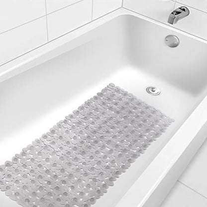 WELTRXE Non Slip Bathtub Mat 35 x 16 Inches Pebbles Shower Mats with Suction Cups, Drain Holes for Bathroom Showers, Tub, Machine Washable Bathroom Mats BPA, Latex Free Safe Tub Mats - Clear Gray - color: Pebbles-clear Gray, size: 35" x 16" (Rectangular)