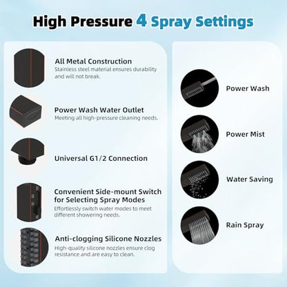 Hibbent 10'' Rainfall Shower Head with 4-Spray Handheld, Oil Rubbed Bronze | cUPC Certified High Pressure Showerhead Combo, 12'' Adjustable Extension Arm, Extension Bar, Easy Reach Holder, 71'' Hose - color: Oil Rubbed Bronze, style: Square 10''