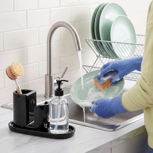Ceramic Kitchen Sink Caddy Sponge Holder and Dish Brush Holder and Soap Tray for Kitchen Sink Organizer, Black - color: Black