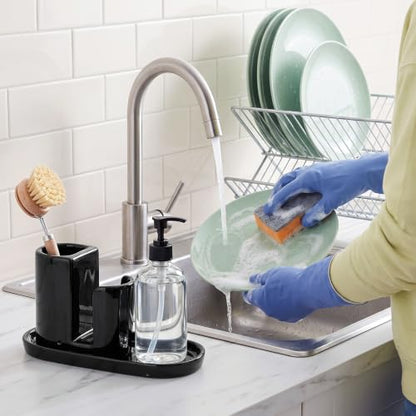 Ceramic Kitchen Sink Caddy Sponge Holder and Dish Brush Holder and Soap Tray for Kitchen Sink Organizer, Black - color: Black