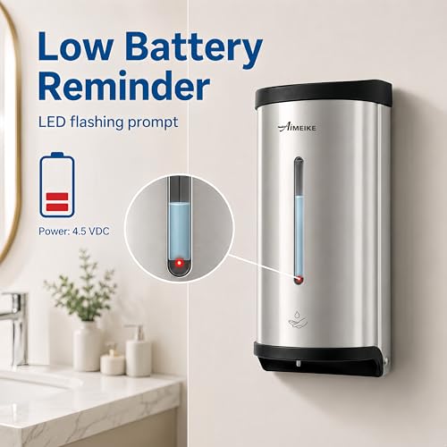 Automatic Wall-Mount Soap Dispenser, 800 mL Stainless Steel | Touchless 800 mL wall dispenser with viewing window, keyed lock and low-liquid indicator; requires 6 AA batteries. - color: 2000 Silver