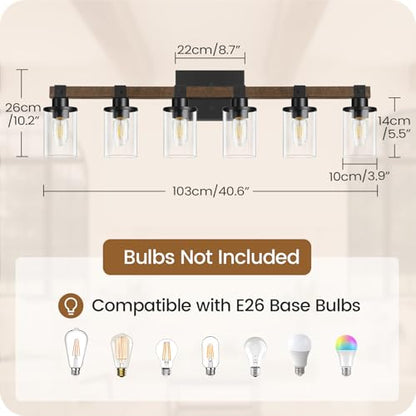 6-Light Bathroom Light Fixture, Vanity Lights for Bathroom with Glass Shade, Rustic Bathroom Light Fixtures, E26 Base F12BD05 - size: 6-Light