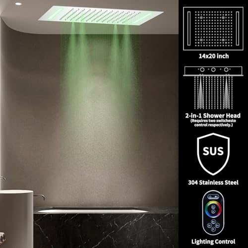 Bathroom Shower System,4 Functions Digital Temperature Display Diverter Valve,Ceiling 14x20" 2-Function Shower Head and 8 inch Wall Mounted Shower Head Combo,Handheld Shower Chrome - color: Chrome