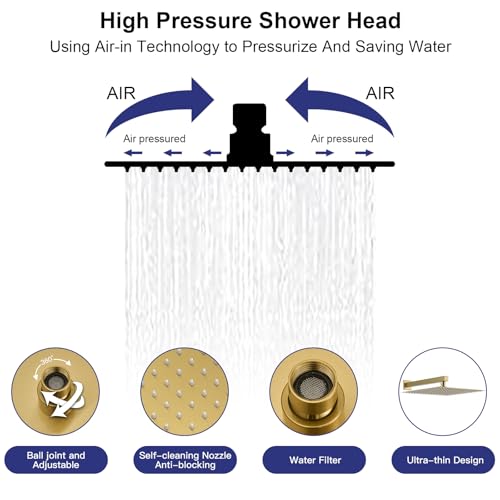 RUMOSE Rainfall Shower System with 4 Full Body Jet 4 Mode Shower Faucet Set | 12 Inch Rain Shower Head, 2 in 1 Handheld Spray, Brushed Gold Brass Shower Jet Shower Fixtures, Wall Mounted - color: Brushed Gold