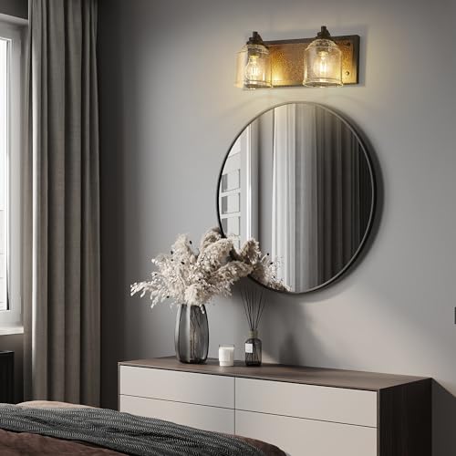 16" 2-Light Farmhouse Bathroom Vanity Light with Bubble Glass, Brown | Farmhouse Rustic style, Metal base with hand-painted wood grain, E26 Ceramic Base(no bulb), UL&ETL, mount up/down,over mirror - color: Brown, size: 2-Light