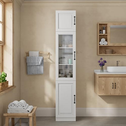 Sweet Memory 86 Inch Tall Bathroom Storage Cabinet, Thin Bathroom Organizer with 5 Tier Shelves and Glass Door, Freestanding Small Space Storage Cabinet for Bedroom, Laundry Room, Kitchen